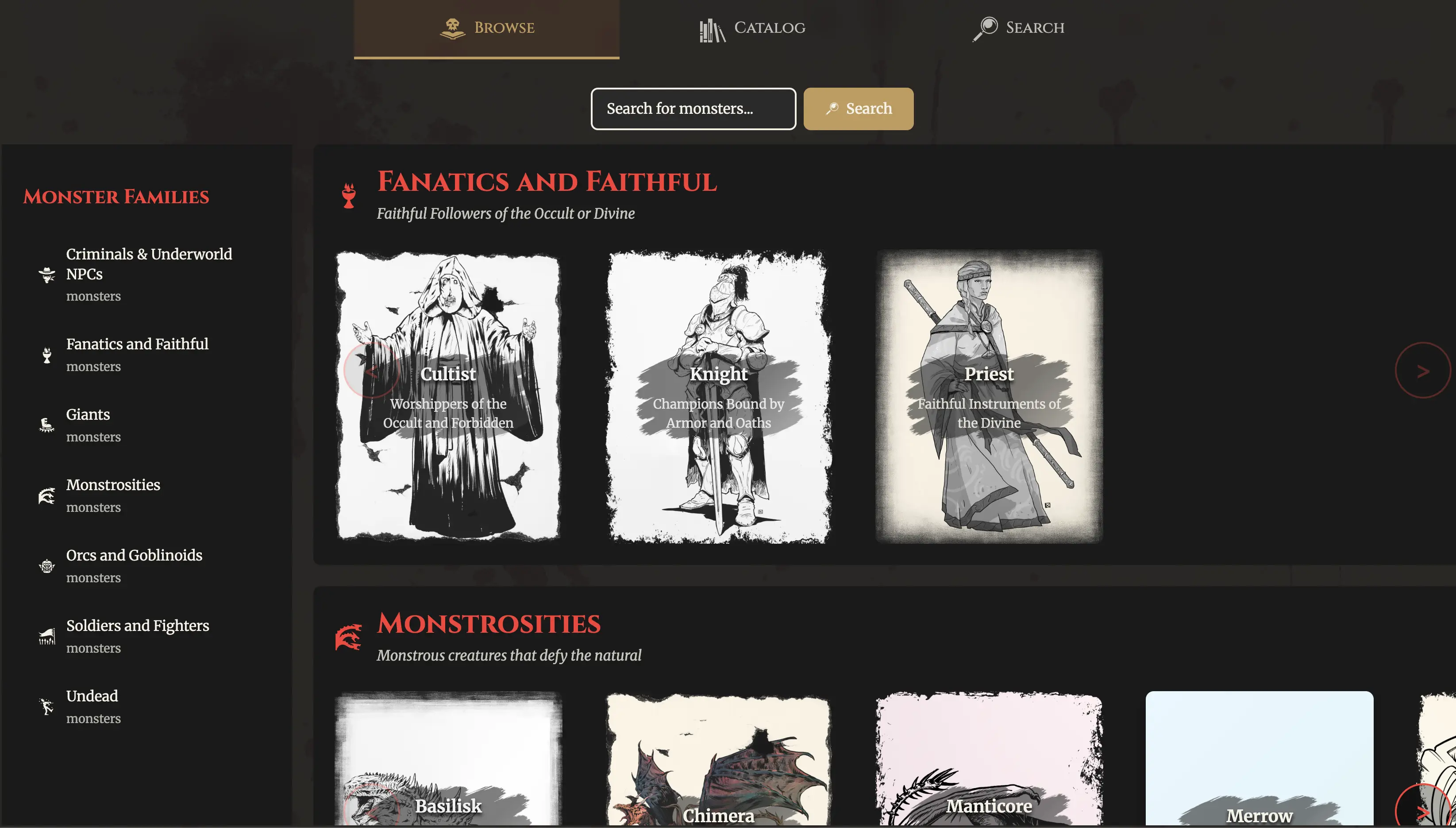 Browse Tab in the Foe Foundry Monster Codex – preview monster families and monster cards for D&D 5E