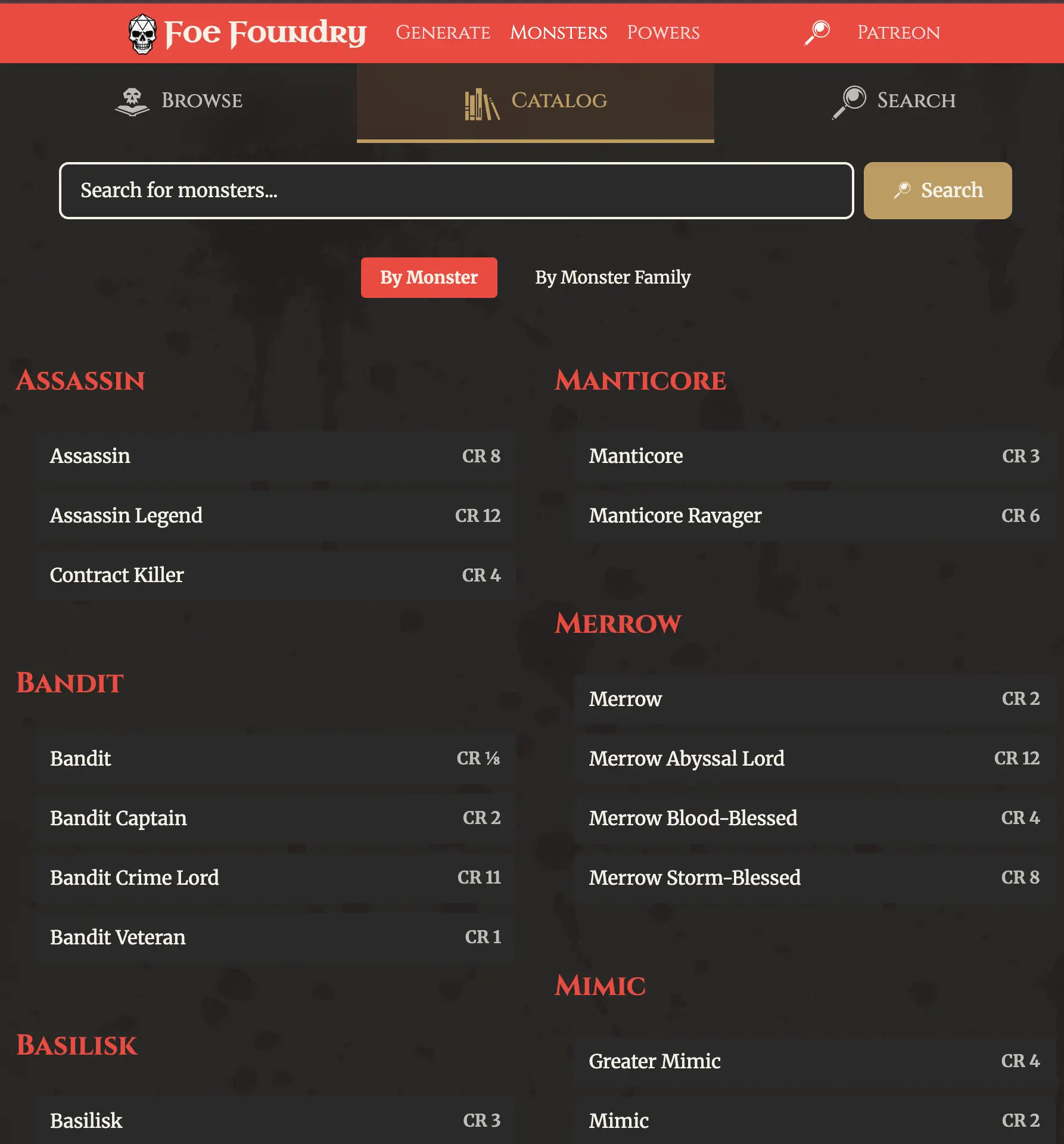 Monster Catalog Tab in Foe Foundry – alphabetical monster list and family groupings inspired by the 2024 Monster Manual