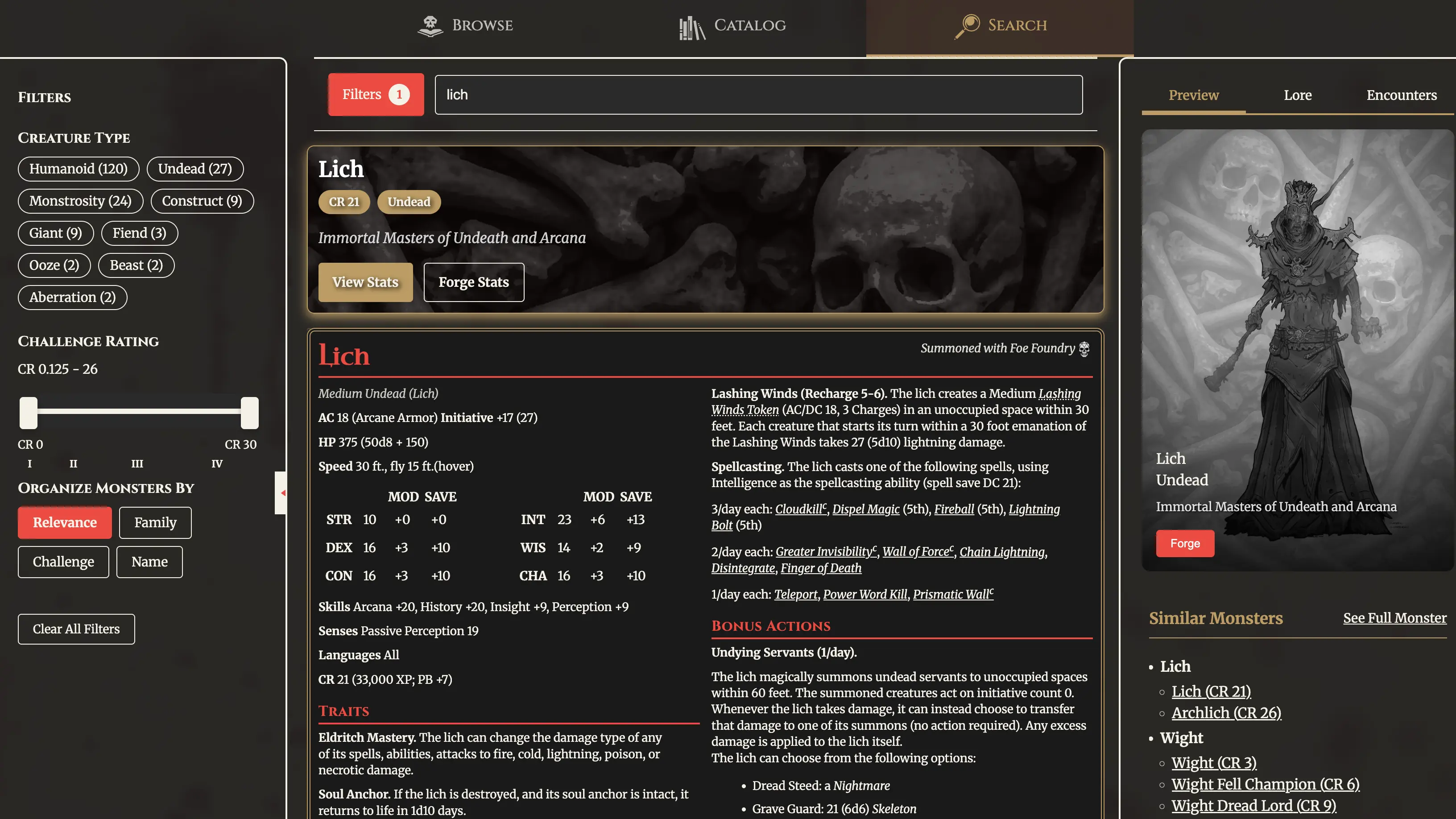 Search Tab in the Foe Foundry Monster Codex – powerful monster search with filters and instant 5E statblock previews