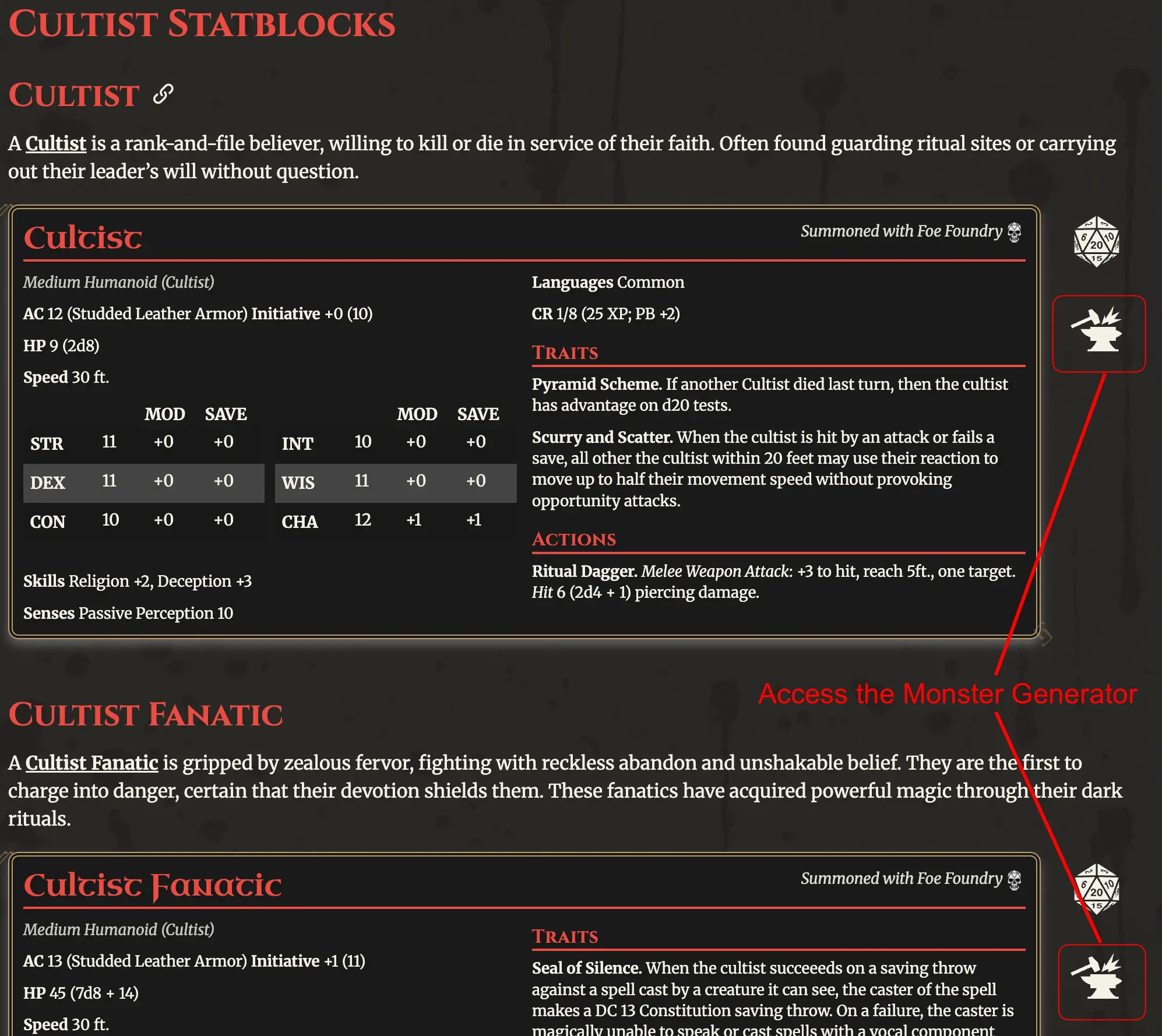Access the Foe Foundry Monster Generator for any statblock witht he new forge button