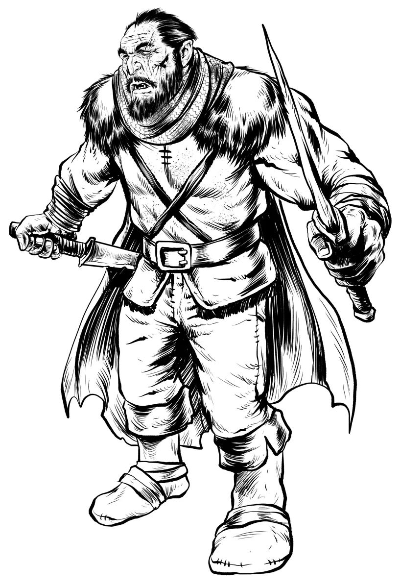 A grim-faced fantasy bandit veteran NPC, ready to ambush travelers in a 5E encounter.