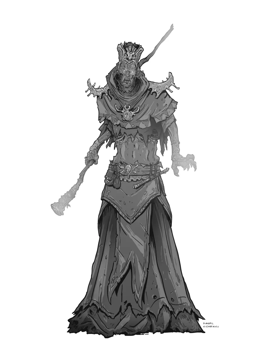 Rotting undead lich with blackened bones, channeling forbidden magic