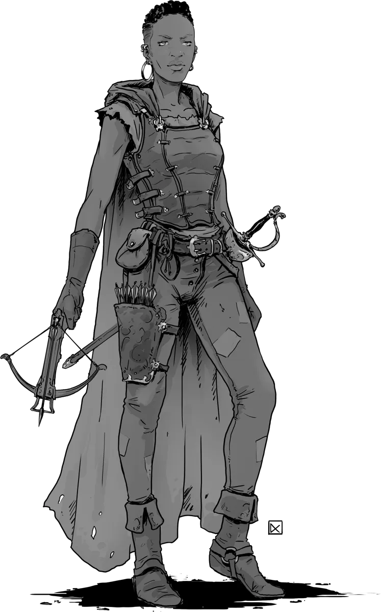 A shadowy fantasy spy in a dark cloak, poised with a dagger and crossbow, ready for covert action
